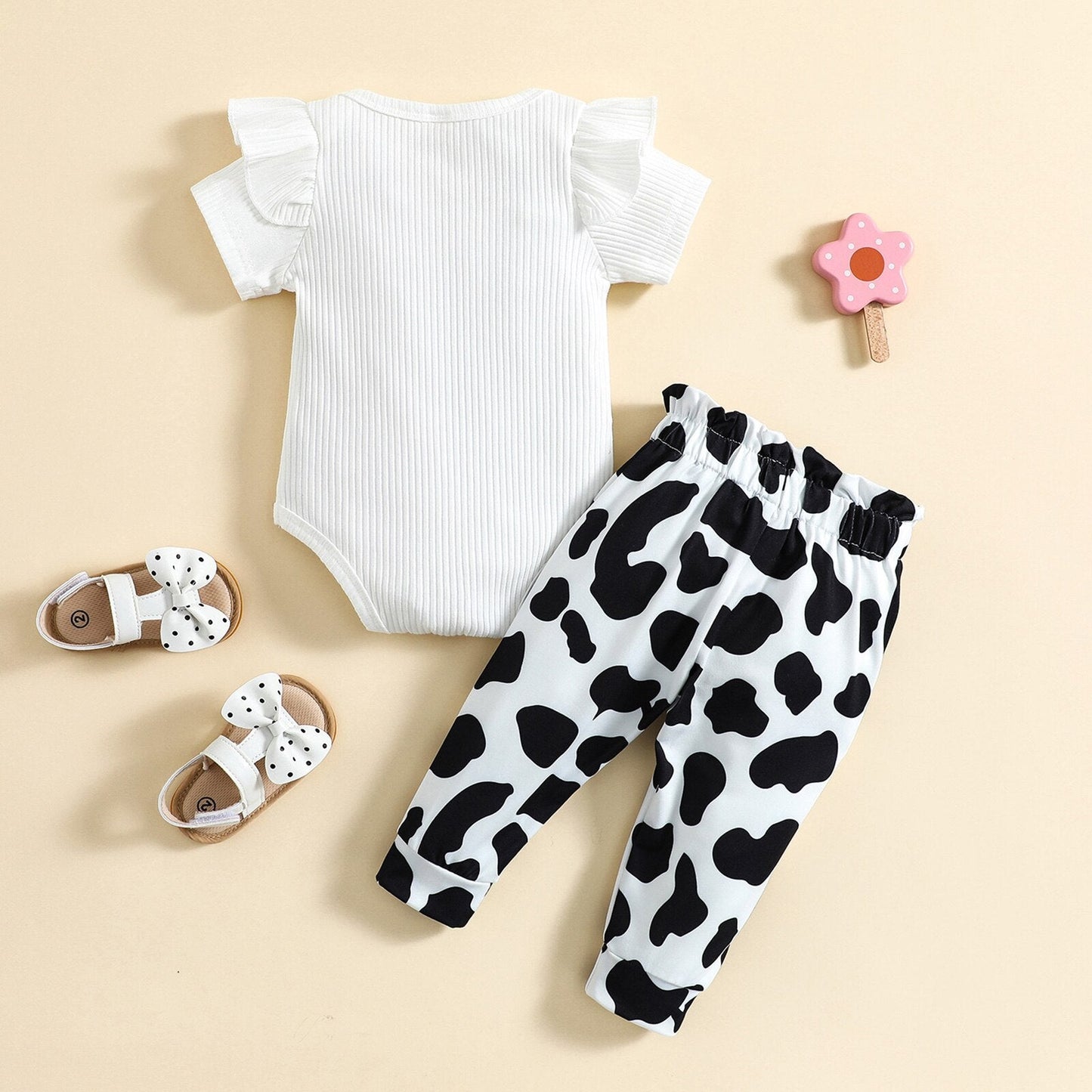 2Pcs Outfit Sets  Romper + Cow Print Pants