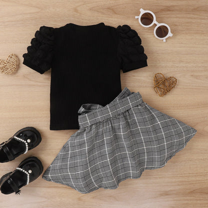 2-piece set of puffy short-sleeved blouse + plaid skirt with belt