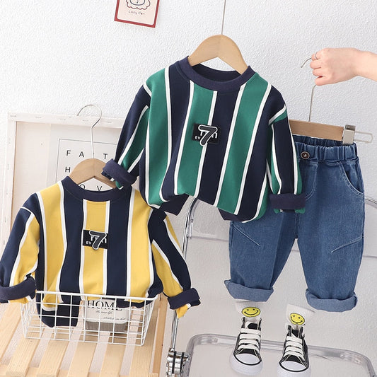 2PCS Clothes Set Long Sleeve Striped Sweatshirt Jeans Pants