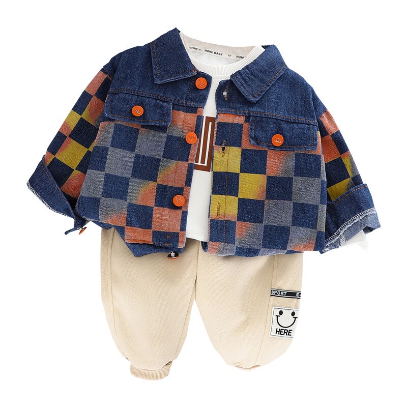 3PCS Clothes Set Plaid Denim Jacket Long Sleeve Sweatshirt Sweatpant