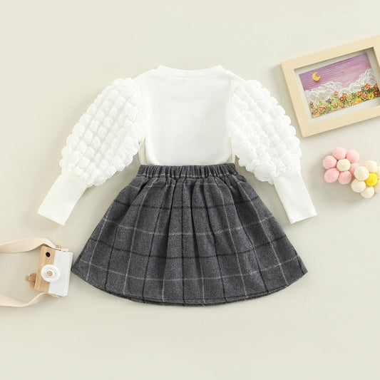 Children's set long puff sleeve blouse + pleated skirt with buttons