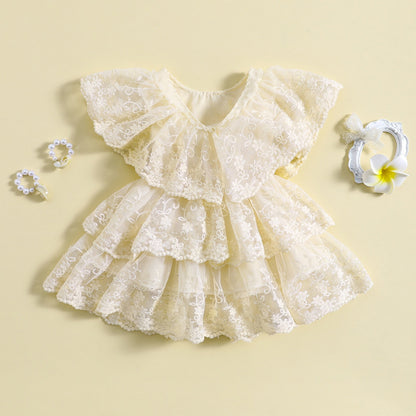 Casual Dress Flying Sleeve Lace Floral Tiered Frill Dress