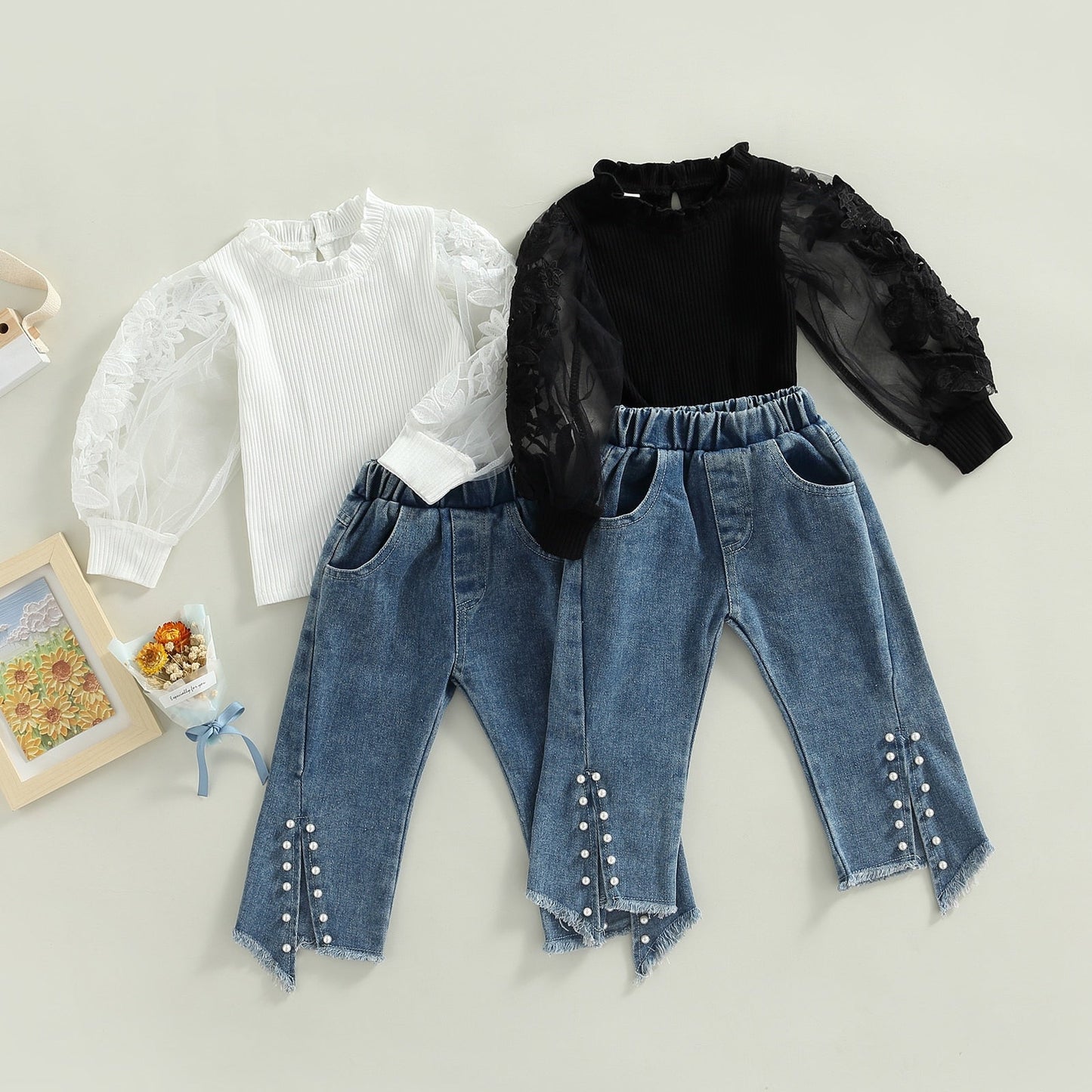 2Pcs Set , Long Sleeve Flower Slit Jeans Beadings Pants Fall Outfit