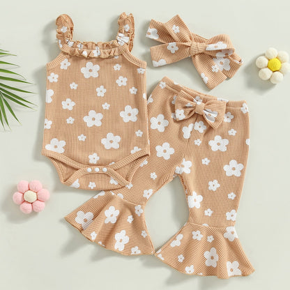 3Pcs Set Sleeveless Floral Sling Romper + Bowknot Flared Pants + Headband