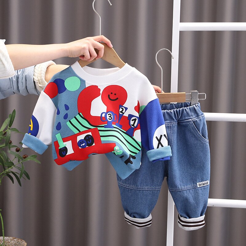 2 pcs Children Octopus Washed Jeans Sweatshirt Set