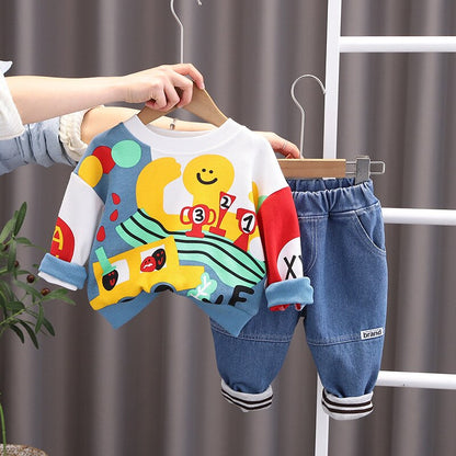 2 pcs Children Octopus Washed Jeans Sweatshirt Set