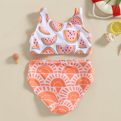 Bikini Swimsuit, Sleeveless V Neck Watermelon Print Summer Beach Girls Swimwear Vest + Briefs  6M-4T