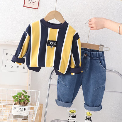 2PCS Clothes Set Long Sleeve Striped Sweatshirt Jeans Pants