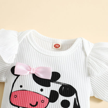 2Pcs Outfit Sets  Romper + Cow Print Pants