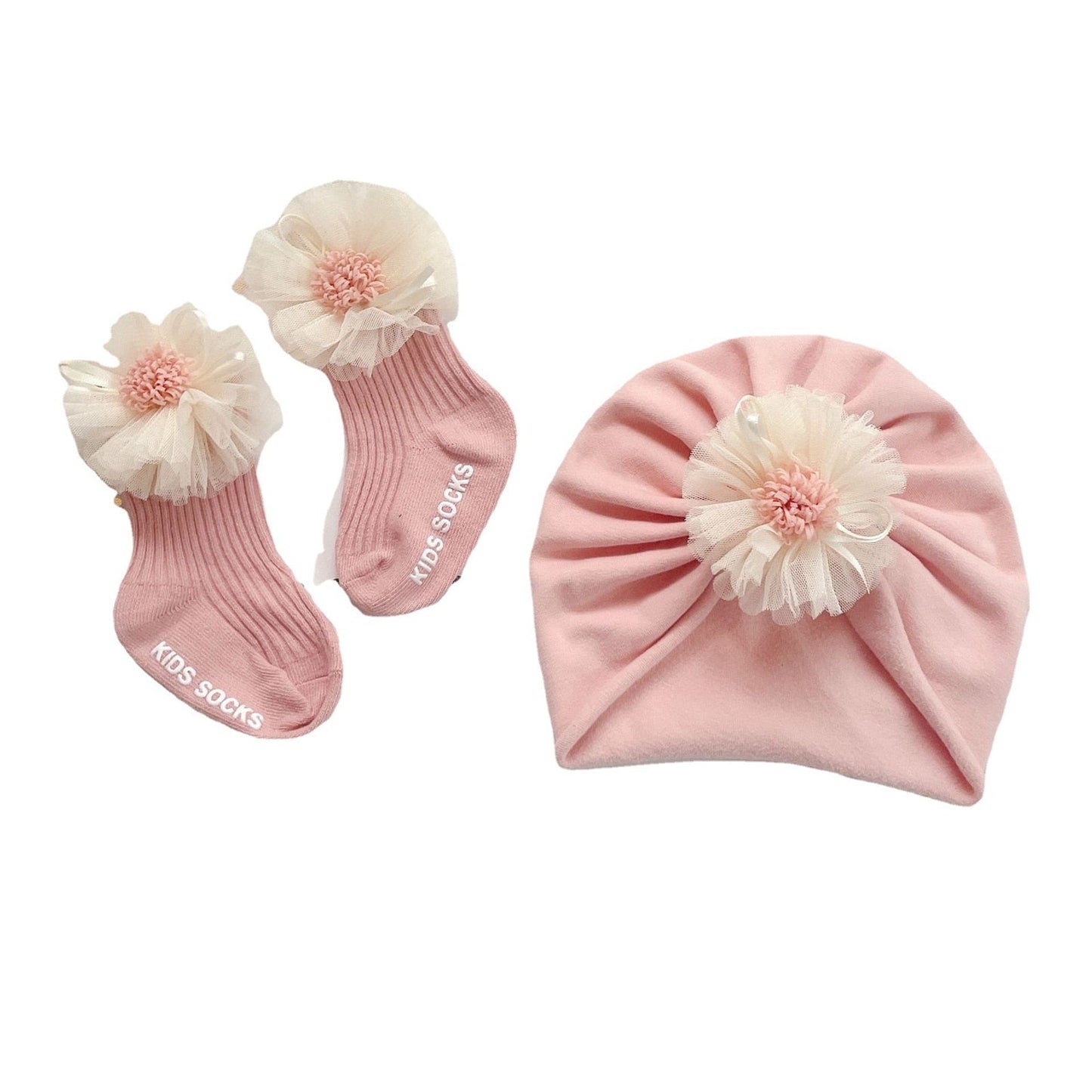 Baby Socks Cap Set, Girls Lace Flower Ribbed Short Tube Sock+ Turban Hat for Autumn, Beige/Pink