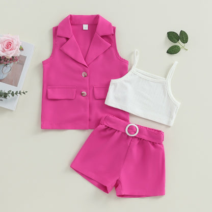 3Pcs Summer Outfits Blazer + Cami Tops + Belted Shorts  2-7T