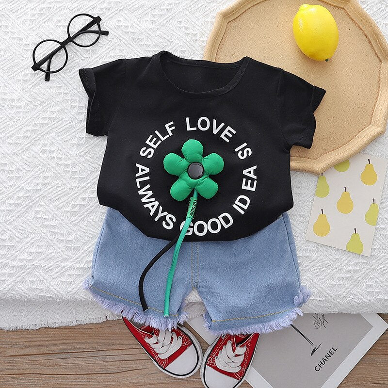 2PCS Clothes Set 3D Flower Letter Short Sleeve T-shirts