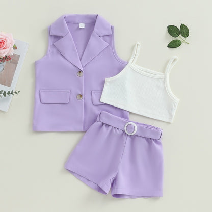 3Pcs Summer Outfits Blazer + Cami Tops + Belted Shorts  2-7T