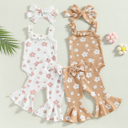 3Pcs Set Sleeveless Floral Sling Romper + Bowknot Flared Pants + Headband