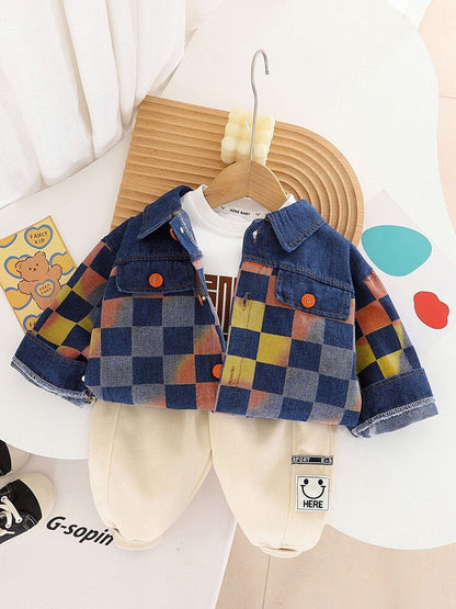 3PCS Clothes Set Plaid Denim Jacket Long Sleeve Sweatshirt Sweatpant