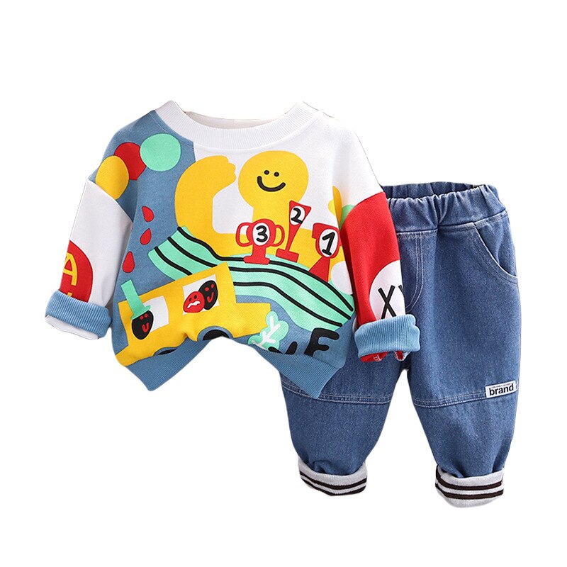 2 pcs Children Octopus Washed Jeans Sweatshirt Set