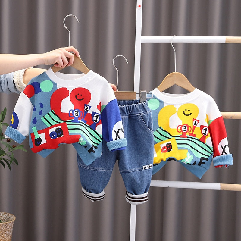 2 pcs Children Octopus Washed Jeans Sweatshirt Set