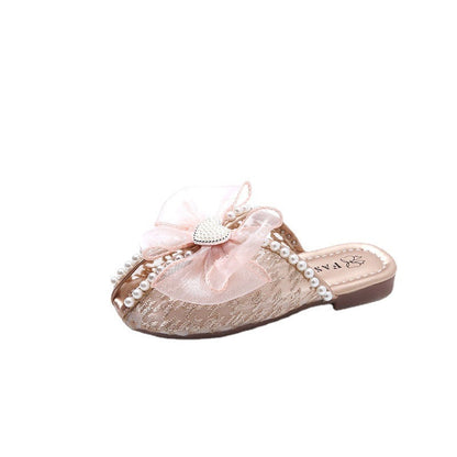 Children Slippers Sweet Lace Mesh Pearls