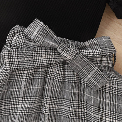 2-piece set of puffy short-sleeved blouse + plaid skirt with belt