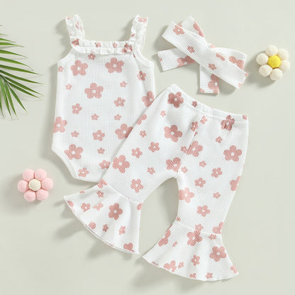 3Pcs Set Sleeveless Floral Sling Romper + Bowknot Flared Pants + Headband