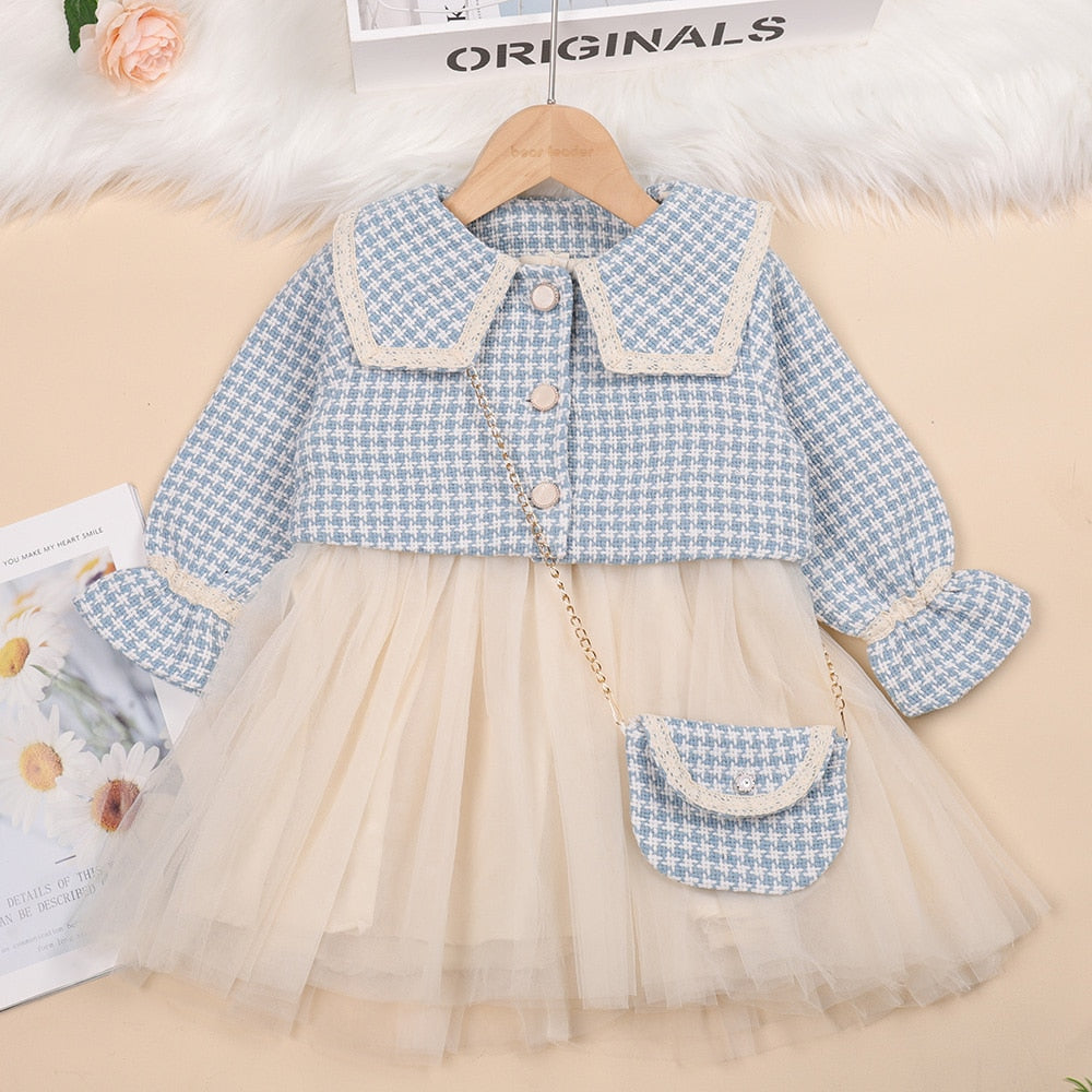 Children's set dress + coat + plaid bag