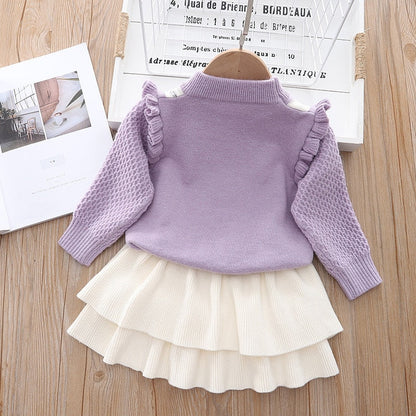 Children Sweater Bow + Pleated Skirt Knitted 2-piece Set