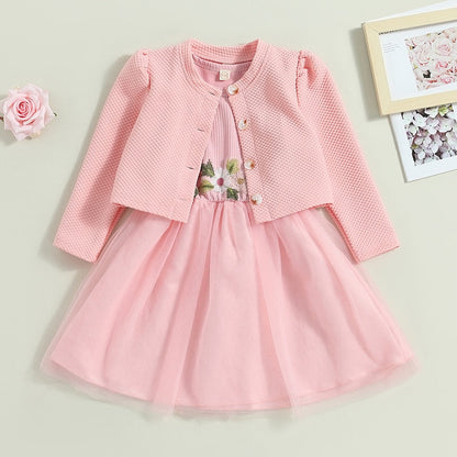 2Pcs Outfit, Sleeveless  Flower Dress Long Sleeve Casual Jacket