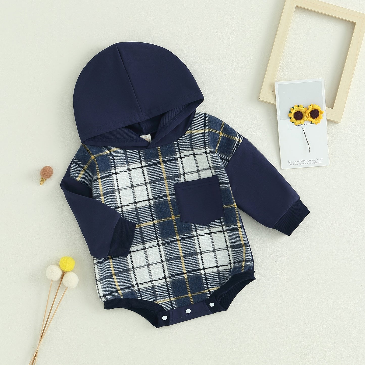 Children's plaid bodysuit with hood and pocket