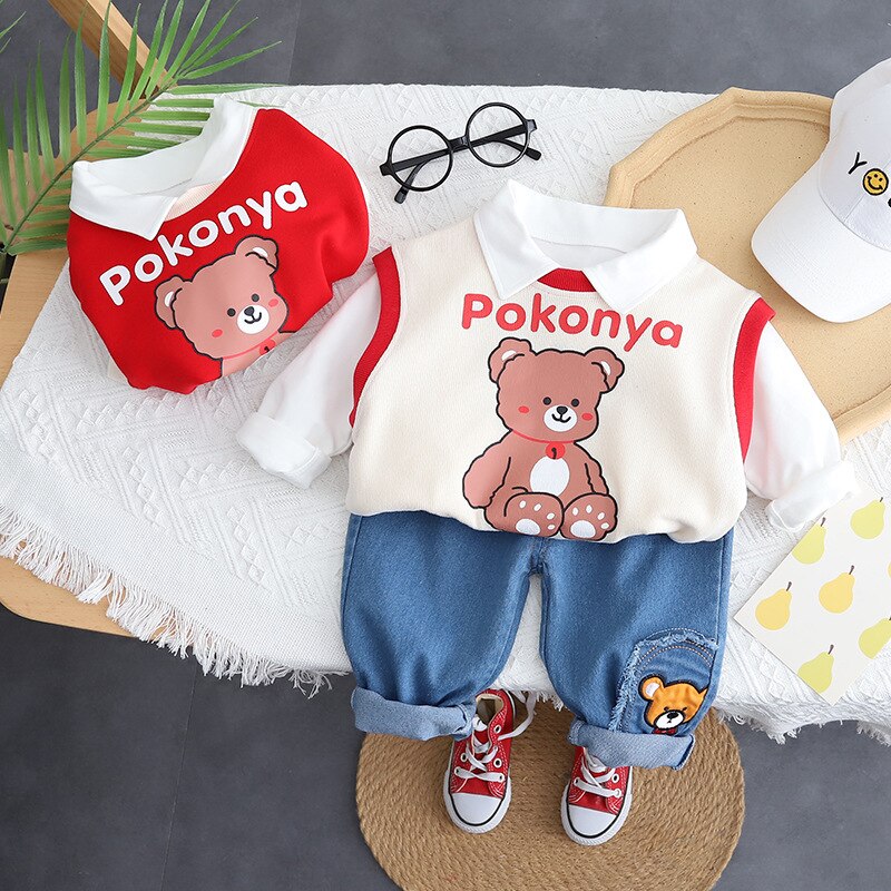 3PCS Clothes Set Cartoon Bear Knitted Vest Cotton