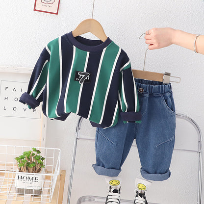 2PCS Clothes Set Long Sleeve Striped Sweatshirt Jeans Pants