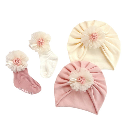 Baby Socks Cap Set, Girls Lace Flower Ribbed Short Tube Sock+ Turban Hat for Autumn, Beige/Pink