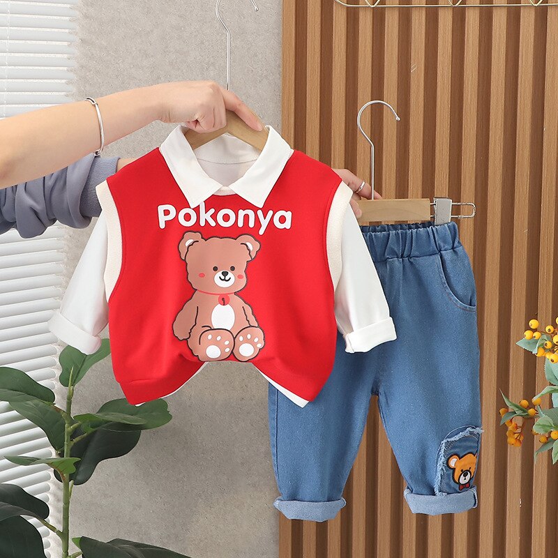 3PCS Clothes Set Cartoon Bear Knitted Vest Cotton