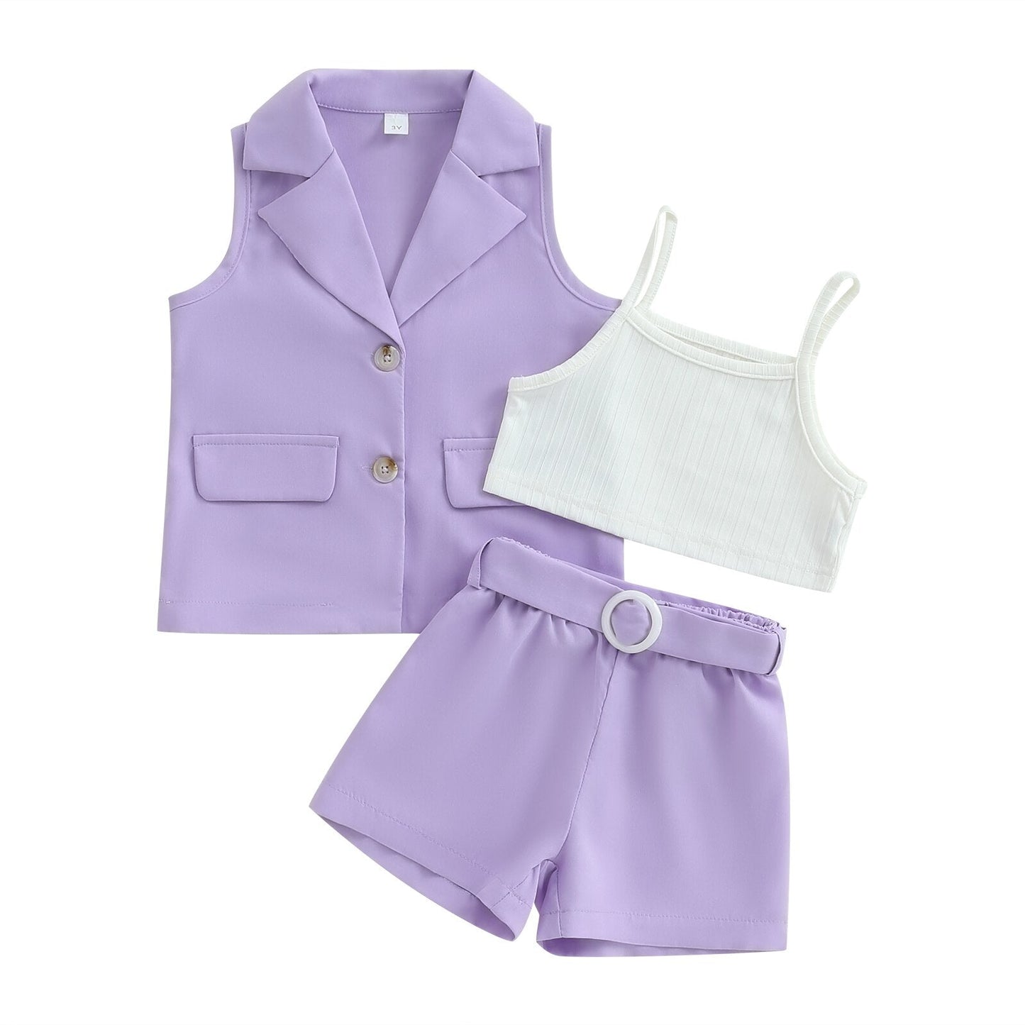 3Pcs Summer Outfits Blazer + Cami Tops + Belted Shorts  2-7T