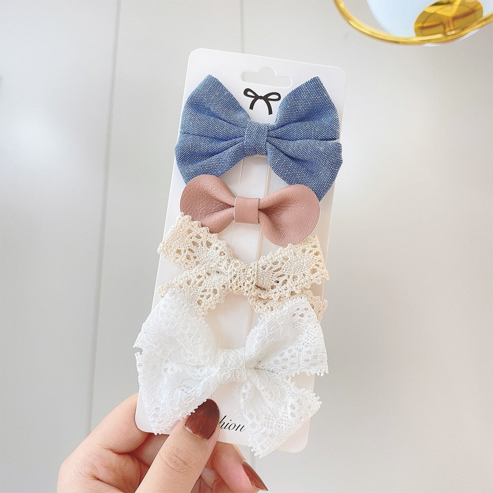 4Pcs/set Sweet Lace Printed Bowknot Hair Clips