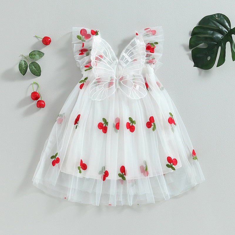 Cherry Print Tulle Dress Toddler Butterfly Dress