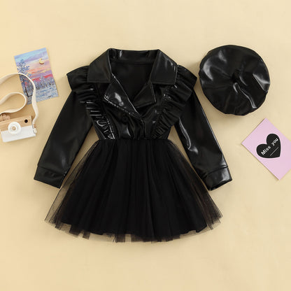 Children's leather-style dress with lace skirt + hat