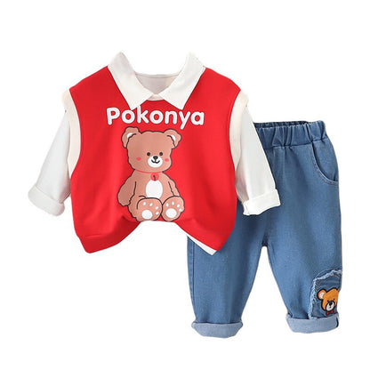 3PCS Clothes Set Cartoon Bear Knitted Vest Cotton