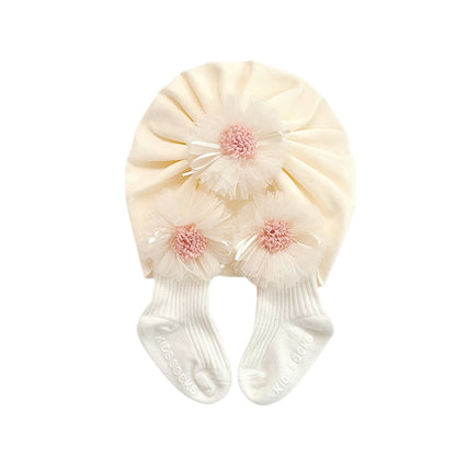 Baby Socks Cap Set, Girls Lace Flower Ribbed Short Tube Sock+ Turban Hat for Autumn, Beige/Pink