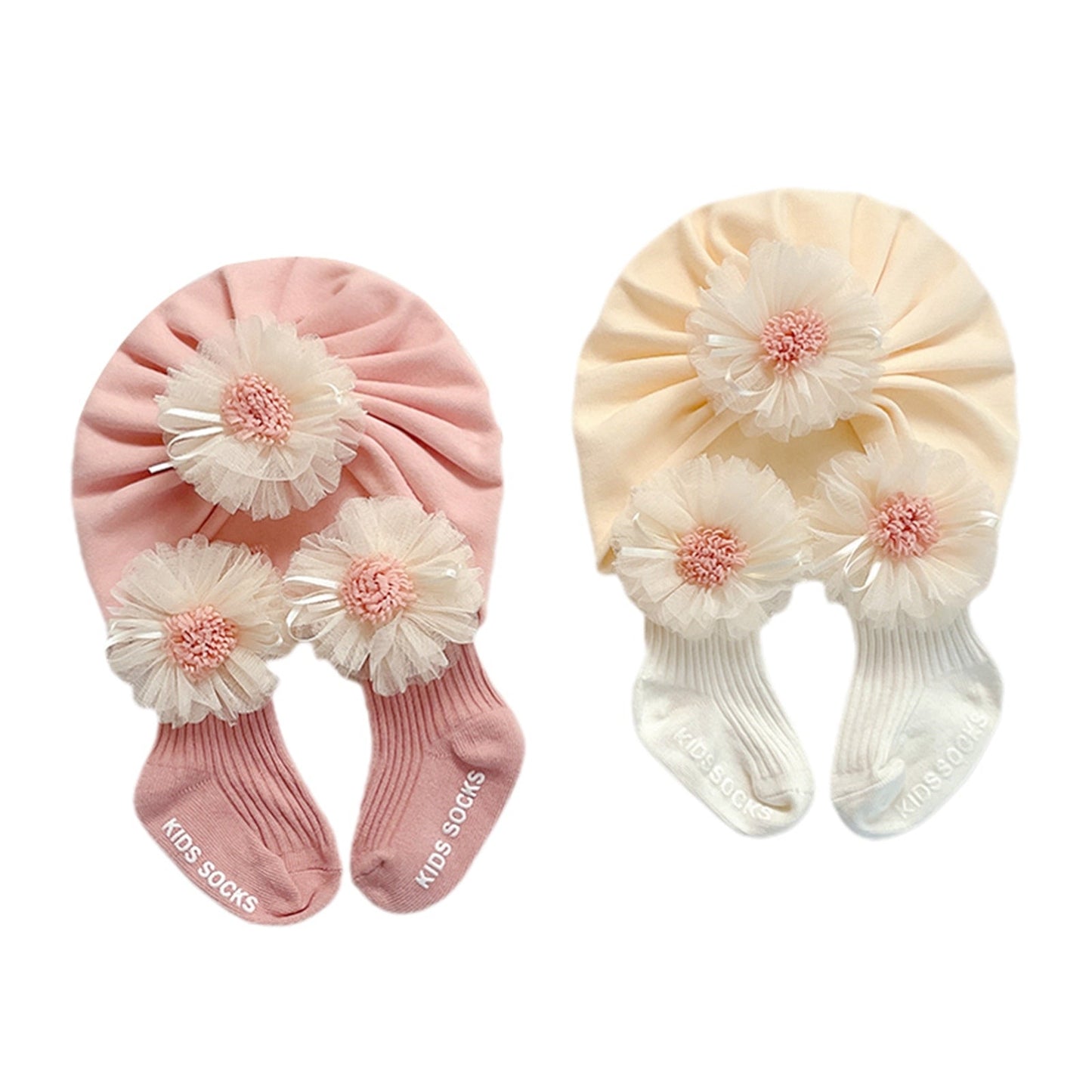 Baby Socks Cap Set, Girls Lace Flower Ribbed Short Tube Sock+ Turban Hat for Autumn, Beige/Pink