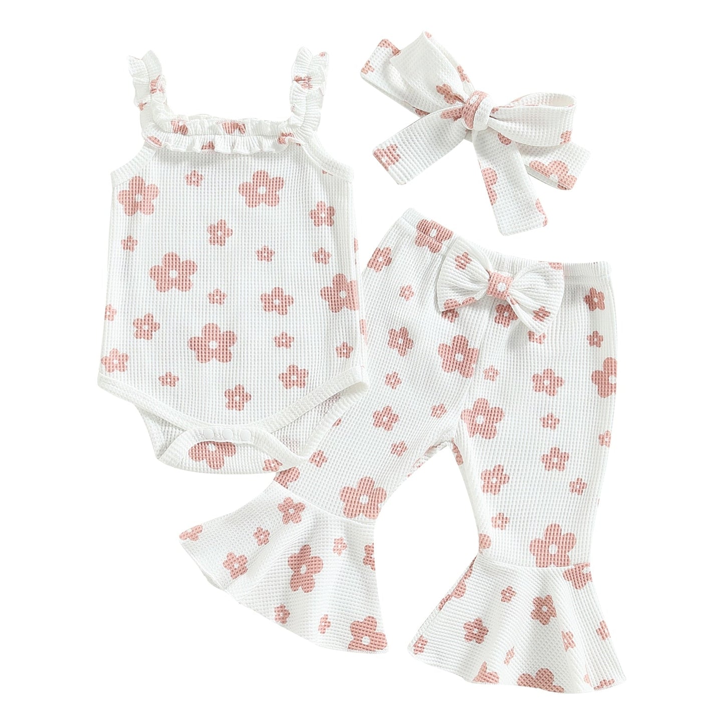 3Pcs Set Sleeveless Floral Sling Romper + Bowknot Flared Pants + Headband