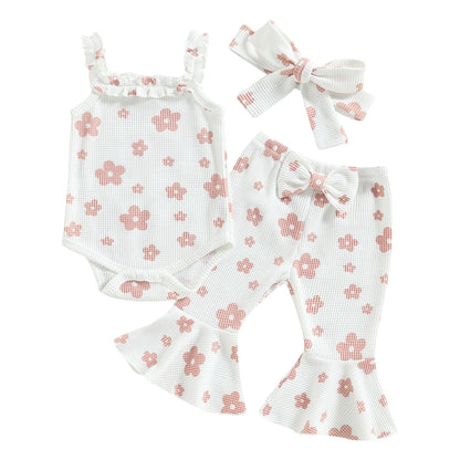 3Pcs Set Sleeveless Floral Sling Romper + Bowknot Flared Pants + Headband