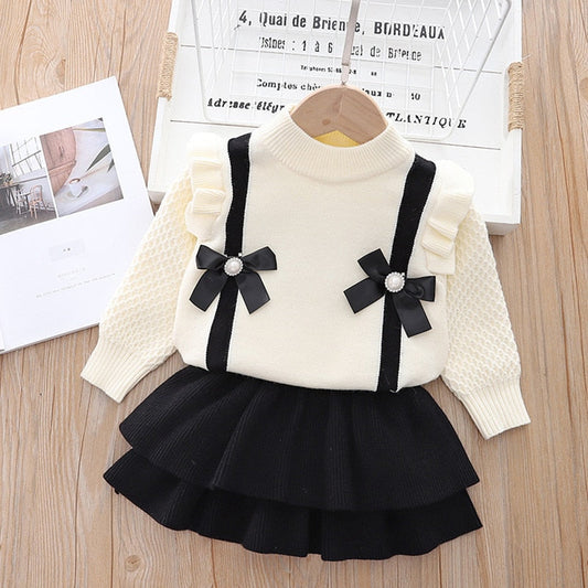 Children Sweater Bow + Pleated Skirt Knitted 2-piece Set