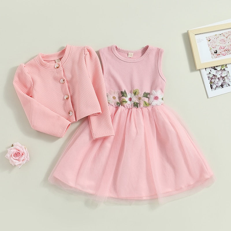 2Pcs Outfit, Sleeveless  Flower Dress Long Sleeve Casual Jacket