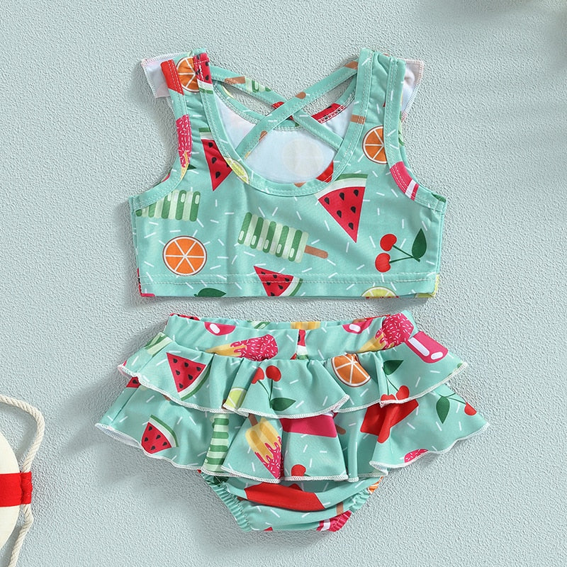 Bikini Set, Watermelon Print Ruffled Tops