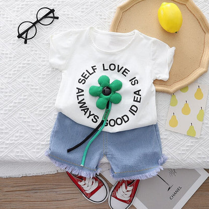 2PCS Clothes Set 3D Flower Letter Short Sleeve T-shirts