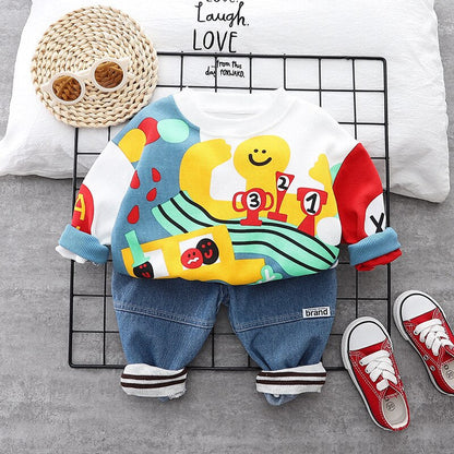 2 pcs Children Octopus Washed Jeans Sweatshirt Set