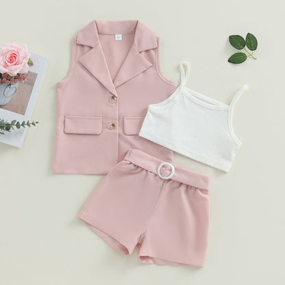 3Pcs Summer Outfits Blazer + Cami Tops + Belted Shorts  2-7T