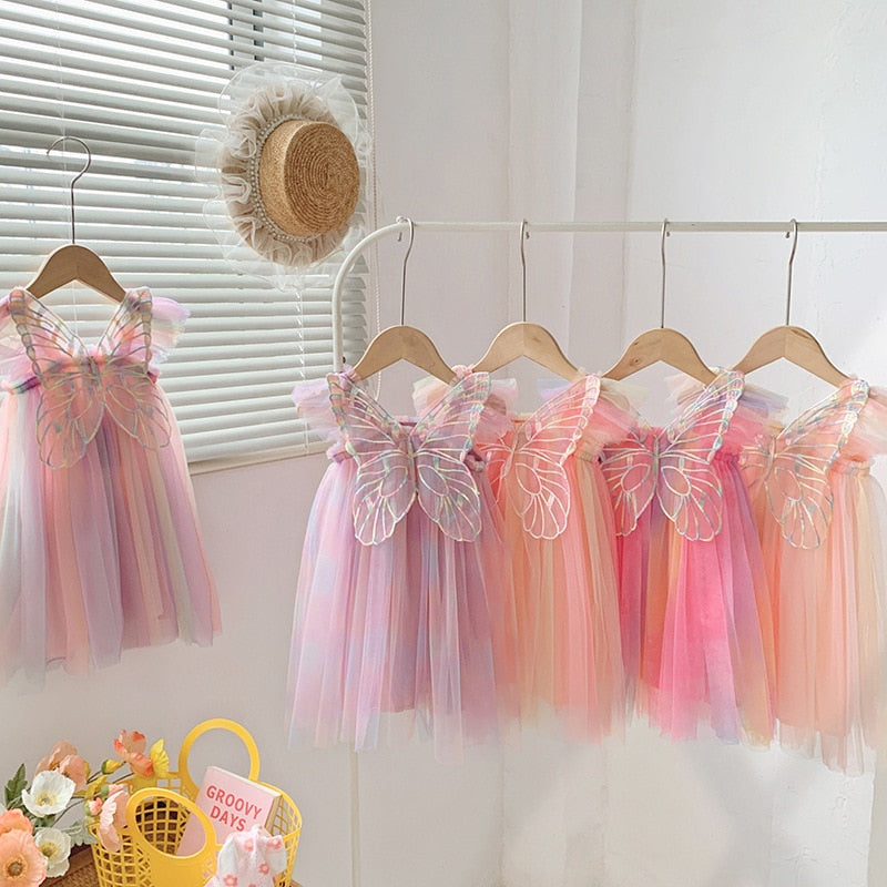 Children's colorful tulle dress with butterfly wings