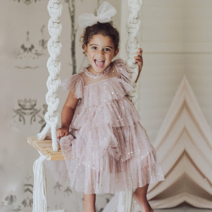 Children's party dress with lace ruffles and stars