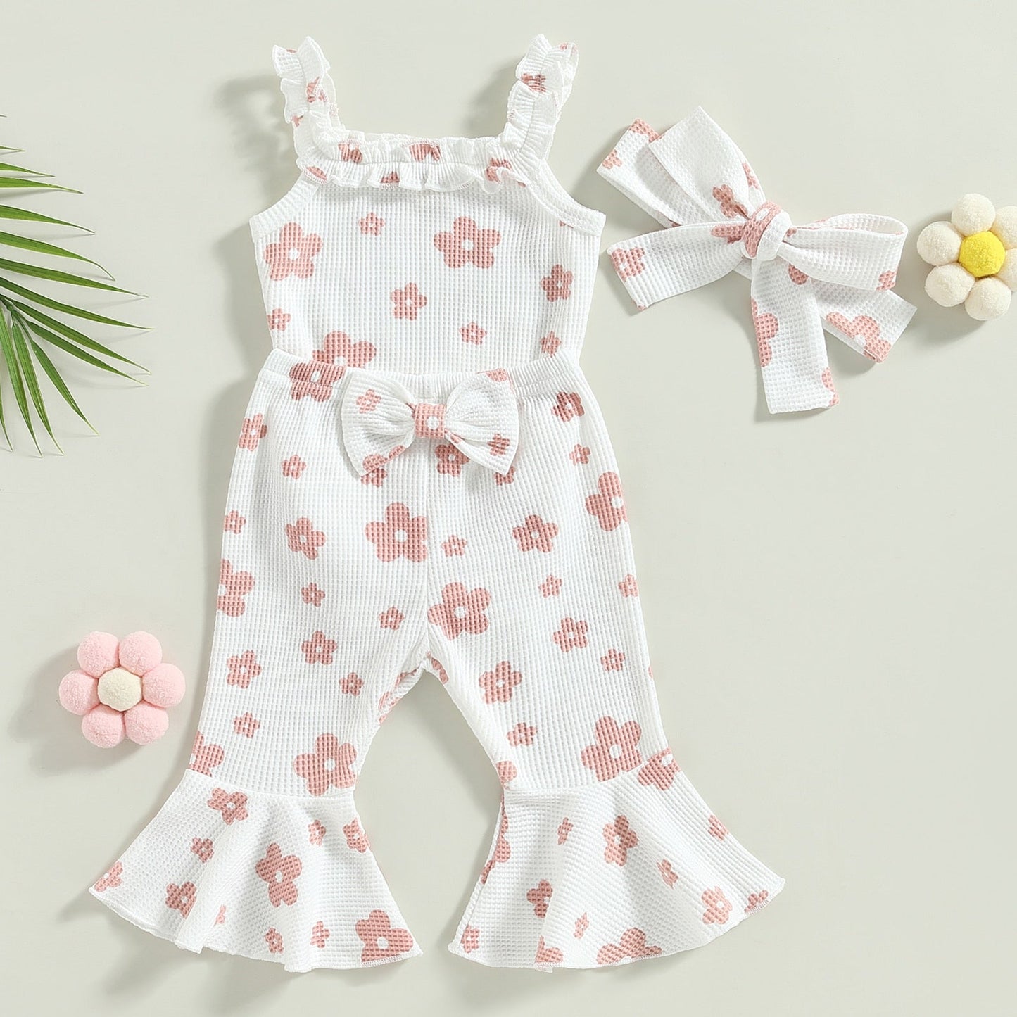 3Pcs Set Sleeveless Floral Sling Romper + Bowknot Flared Pants + Headband